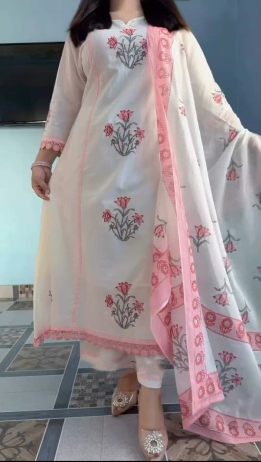 Bagrubazzar Pure Cotton Anarkali Suit Set | Hand Block Buti Print with Pant & Dupatta
