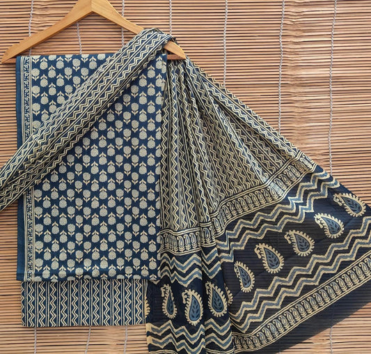 Bagrubazzar Handblock Cotton Suit Set for Ladies – Unstitched, Includes Cotton Dupatta, Perfect Ethnic Wear