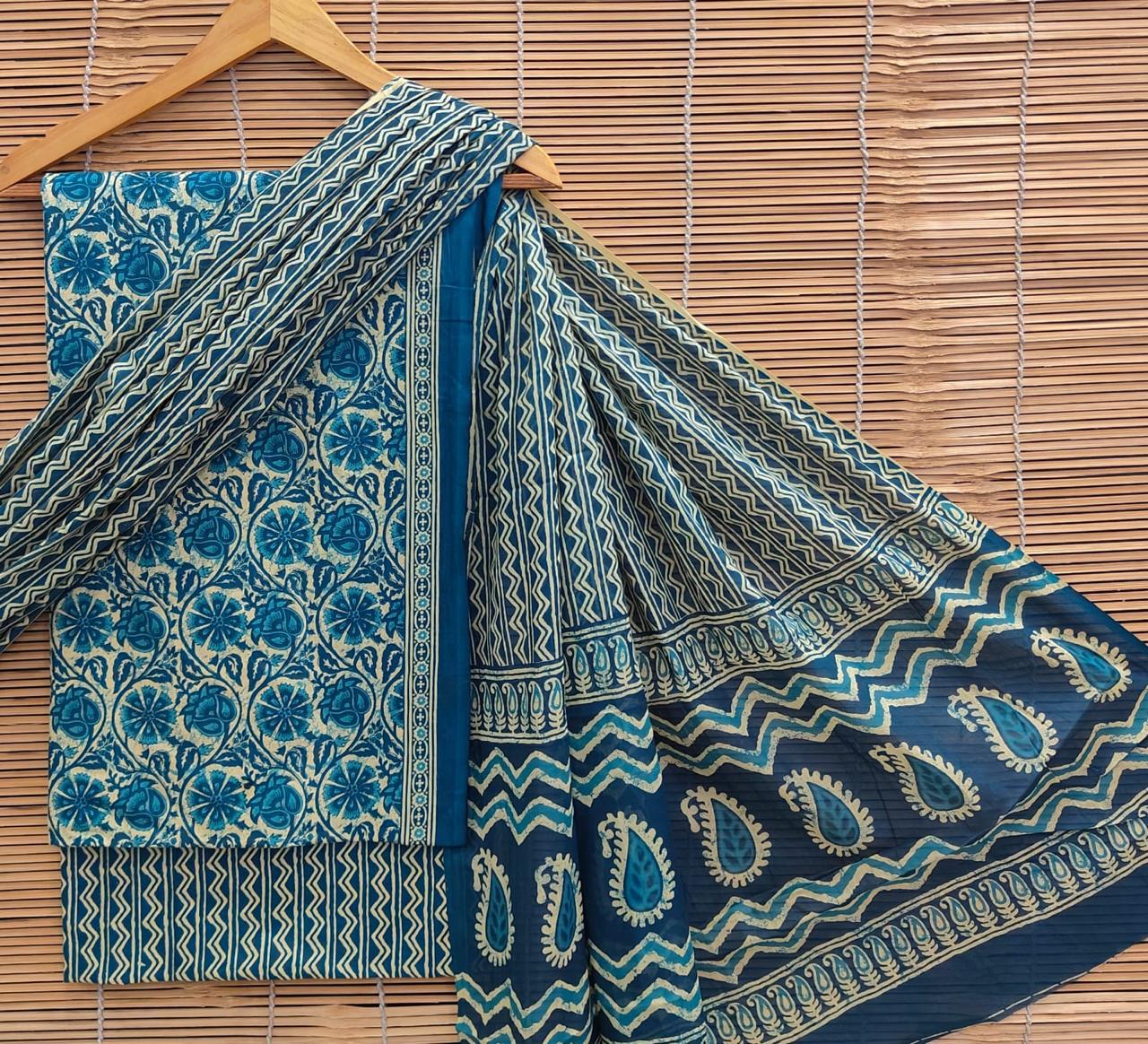 Bagrubazzar Ladies Unstitched Cotton Suit Set with Handblock Jaipur Print & Cotton Dupatta – Traditional Indian Outfit
