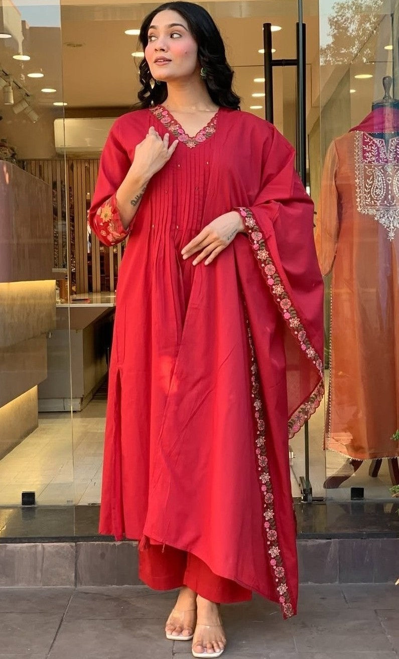 Bagrubazzar 3 Piece Pure Cotton Kurta Pant Dupatta Set with Embroidery & Hand Moti Work