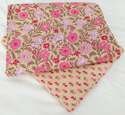 Elegant Hanblock Print Cotton Unstitched Top Bottom Set — Bagrubazzar