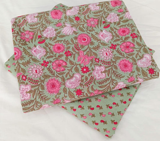 Bagrubazzar Handcrafted Sanganeri Print Cotton Unstitched Suit Set