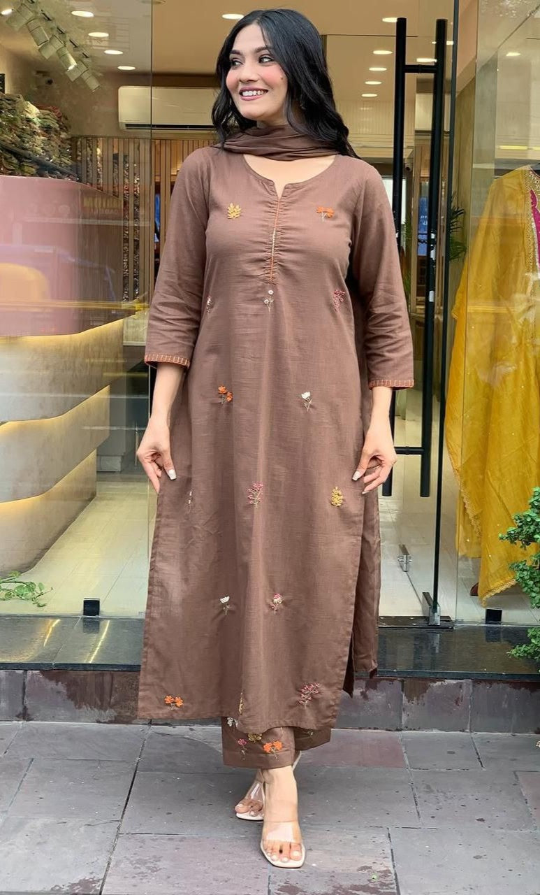Bagrubazzar Rust Cotton Slub Straight Suit Set with Mulmul Dupatta | Women’s Kurta Pant Set