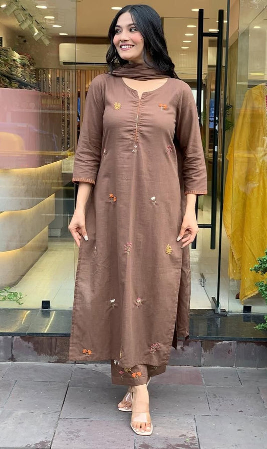 Bagrubazzar Rust Cotton Slub Straight Suit Set with Mulmul Dupatta | Women’s Kurta Pant Set