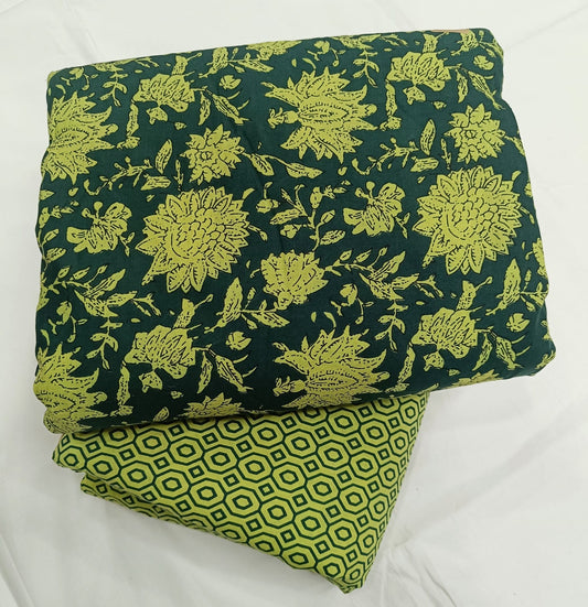 Elegant Hanblock Print Cotton Unstitched Top Bottom Set — Bagrubazzar