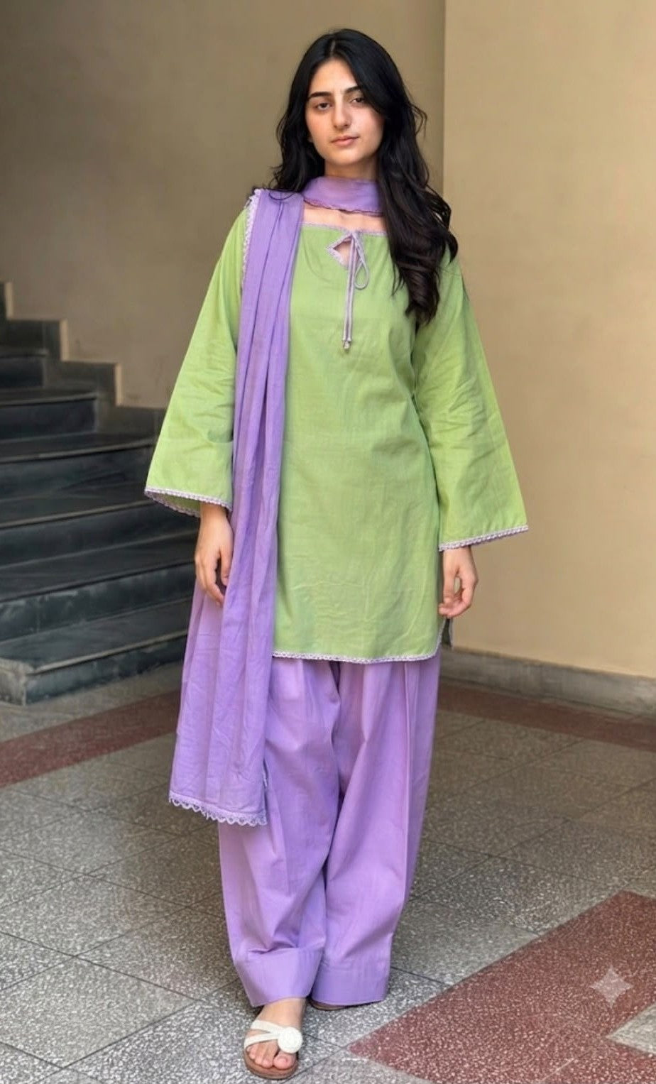 Bagrubazzar Pistachio Green Cotton Kurti Set with Lavender Salwar & Dupatta