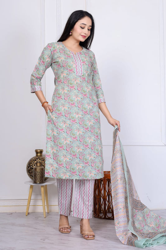 Bagrubazzar Sanganeri Print Cotton Suit Set with Cotton Dupatta (BBCOTCO1)