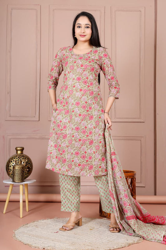 Bagrubazzar Traditional Sanganeri Print Cotton Suit with Dupatta
