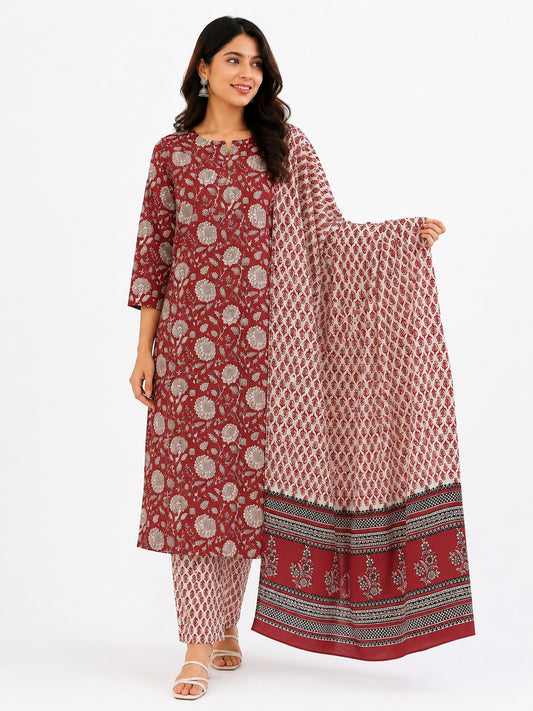 Bagrubazzar Sanganeri Print Cotton Kurta Suit Set with Dupatta