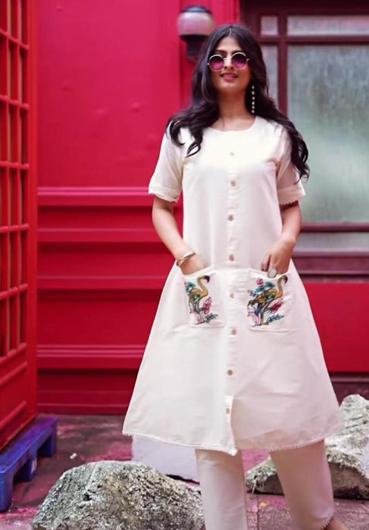 Women’s Pure Cotton A-Line Kurta Set | Front Slit Kurta with Cotton Pant