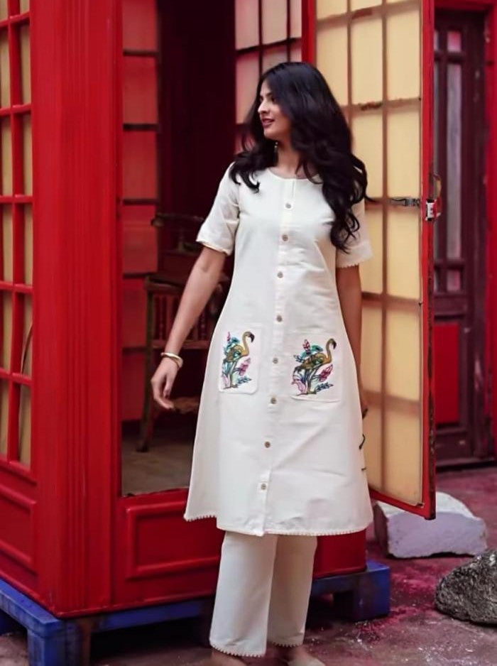 Women’s Pure Cotton A-Line Kurta Set | Front Slit Kurta with Cotton Pant