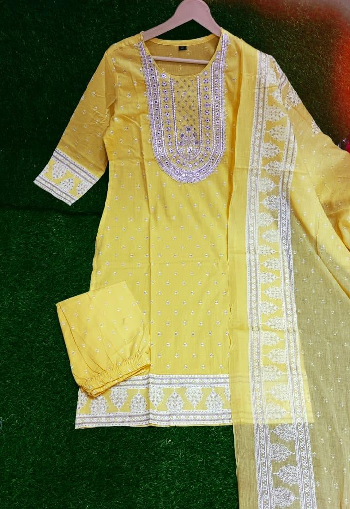 Designer Printed Cotton Kurta Set for Women with Sequin Mirror Work & Dupatta