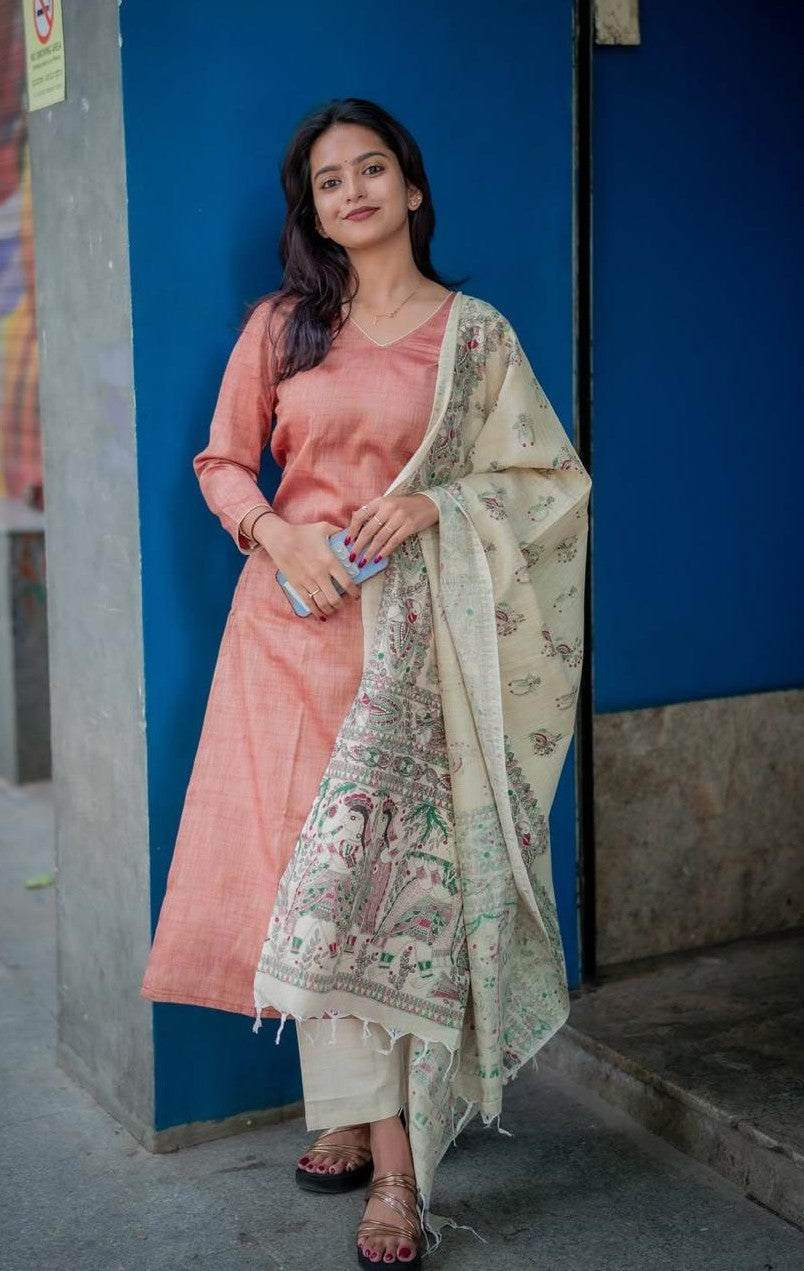 Bagrubazzar South Cotton Kurti with Cotton Slub Pants With Khadi Silk Dupatta (BBKF01)