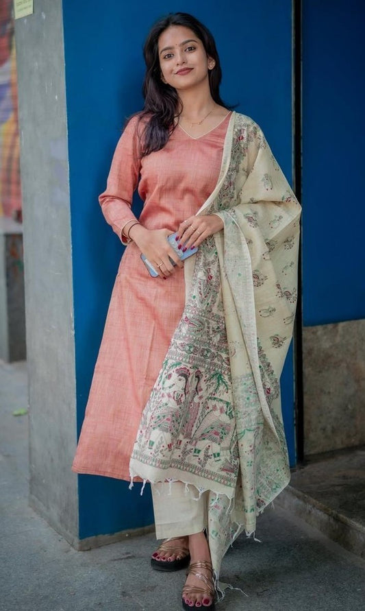 Bagrubazzar South Cotton Kurti with Cotton Slub Pants With Khadi Silk Dupatta (BBKF01)