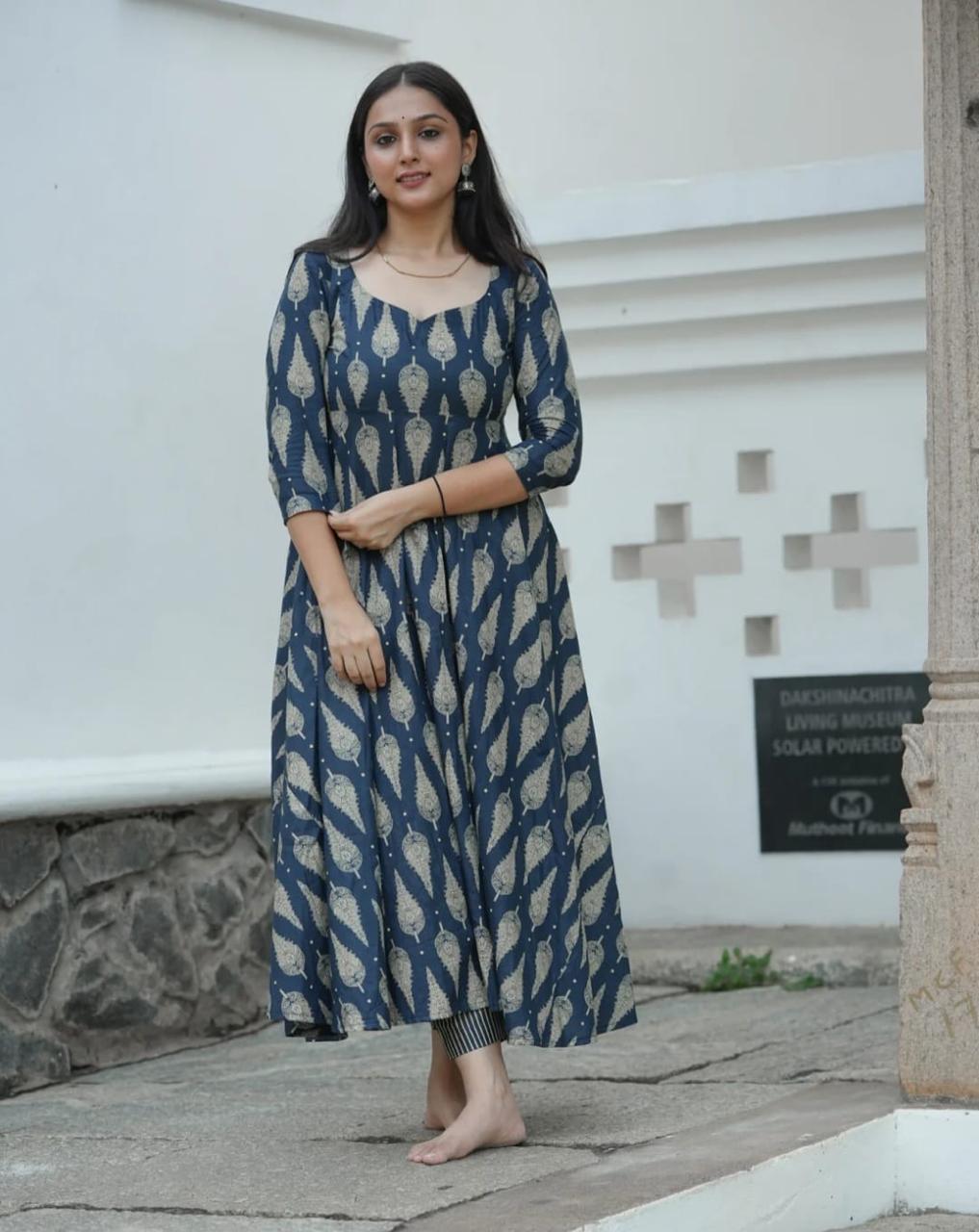 Bagrubazzar Cotton Printed Full Flared Anarkali Suit Set with Pant & Malmal Dupatta (BBKF12)