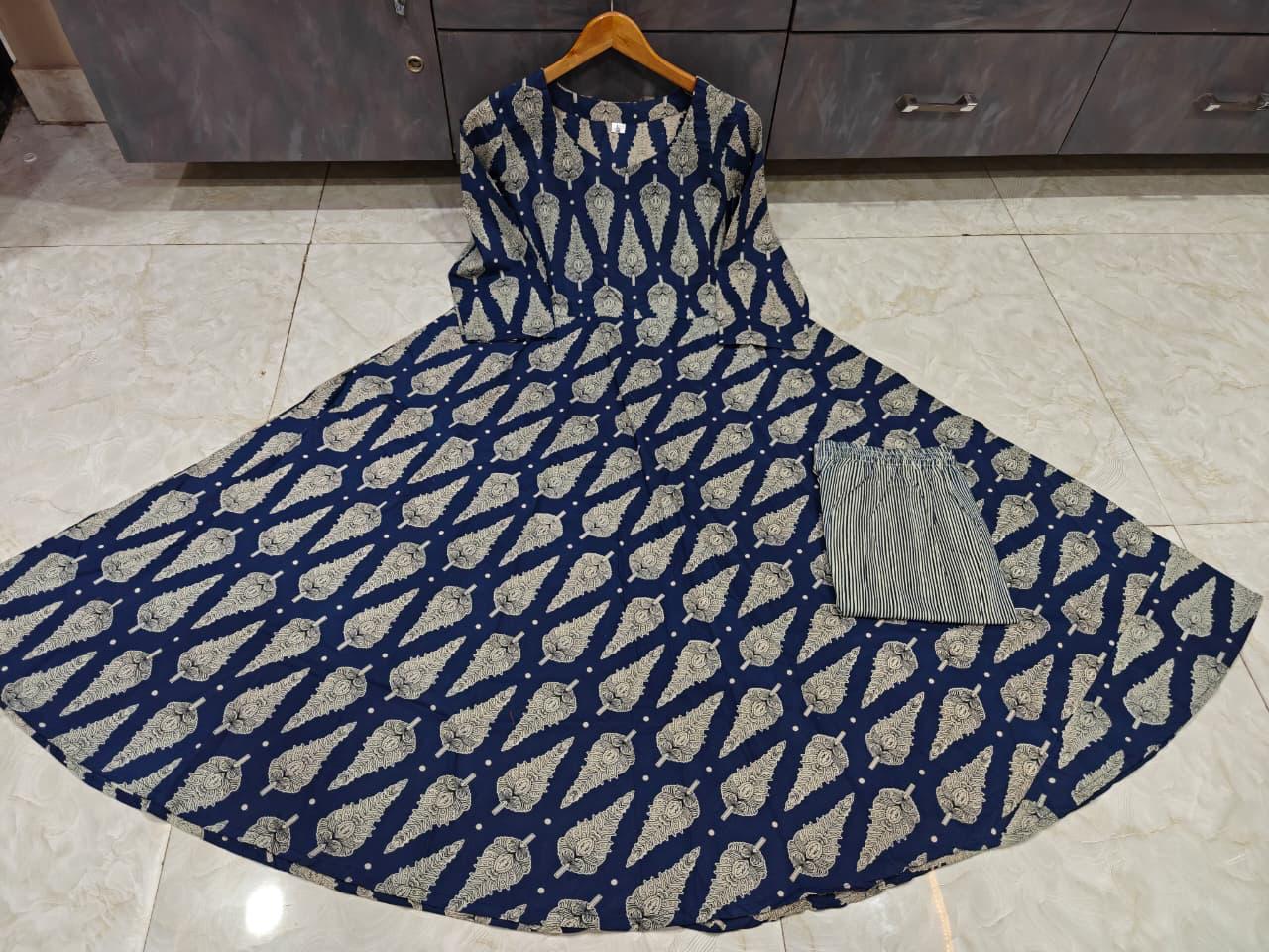 Bagrubazzar Cotton Printed Full Flared Anarkali Suit Set with Pant & Malmal Dupatta (BBKF12)