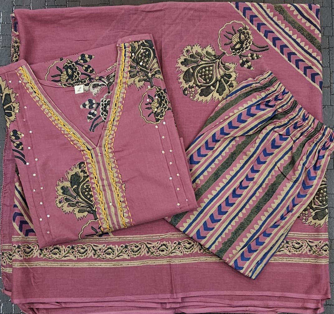 Bagrubazzar Premium Cotton 60x60 Printed Suit Set with Kurta, Pant & Dupatta (BBKF15)