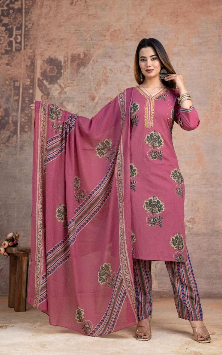 Bagrubazzar Premium Cotton 60x60 Printed Suit Set with Kurta, Pant & Dupatta (BBKF15)