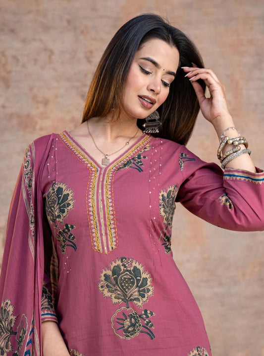 Bagrubazzar Premium Cotton 60x60 Printed Suit Set with Kurta, Pant & Dupatta (BBKF15)