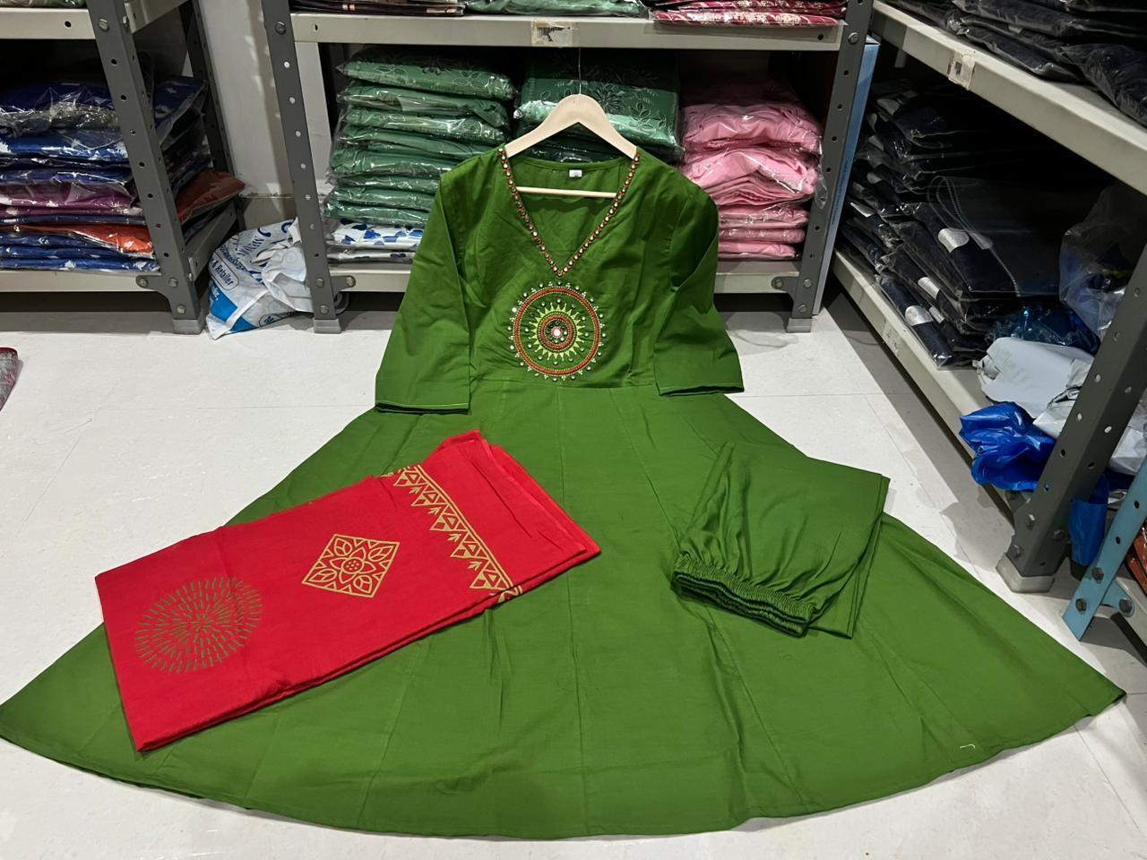 Bagrubazzar Cotton Mirror Work Anarkali Kurta Set with Dupatta & Pant (BBKF16)