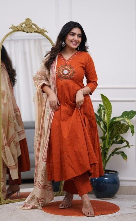 Bagrubazzar Cotton Mirror Work Anarkali Kurta Set with Dupatta & Pant (BBKF17)