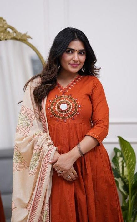 Bagrubazzar Cotton Mirror Work Anarkali Kurta Set with Dupatta & Pant (BBKF17)
