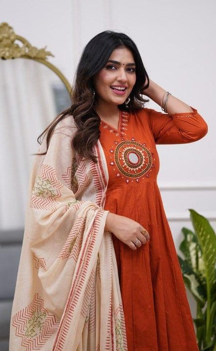 Bagrubazzar Cotton Mirror Work Anarkali Kurta Set with Dupatta & Pant (BBKF17)