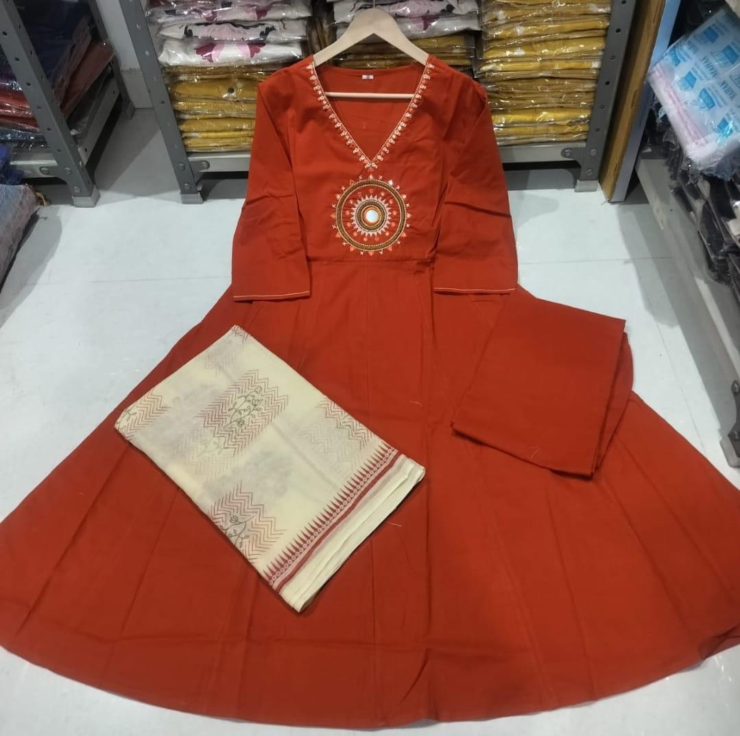 Bagrubazzar Cotton Mirror Work Anarkali Kurta Set with Dupatta & Pant (BBKF17)
