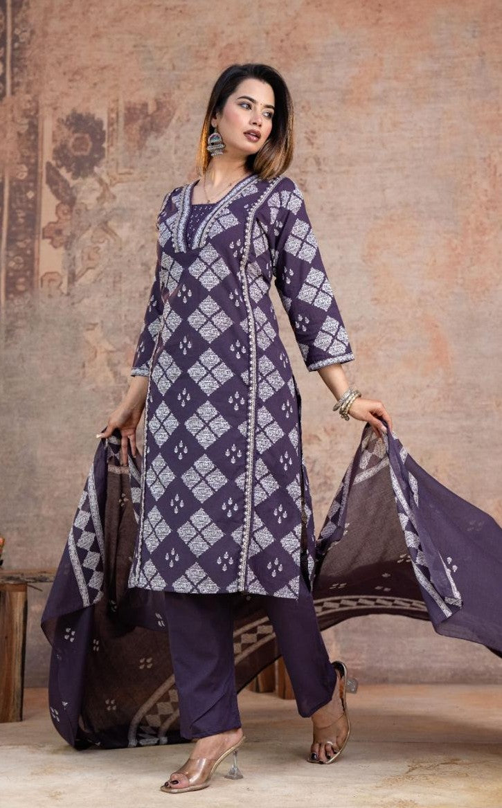 Bagrubazzar Summer Floral Cotton Kurti Pant & Dupatta Set with Embroidery Work (BBKF22)