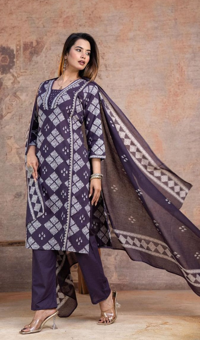 Bagrubazzar Summer Floral Cotton Kurti Pant & Dupatta Set with Embroidery Work (BBKF22)