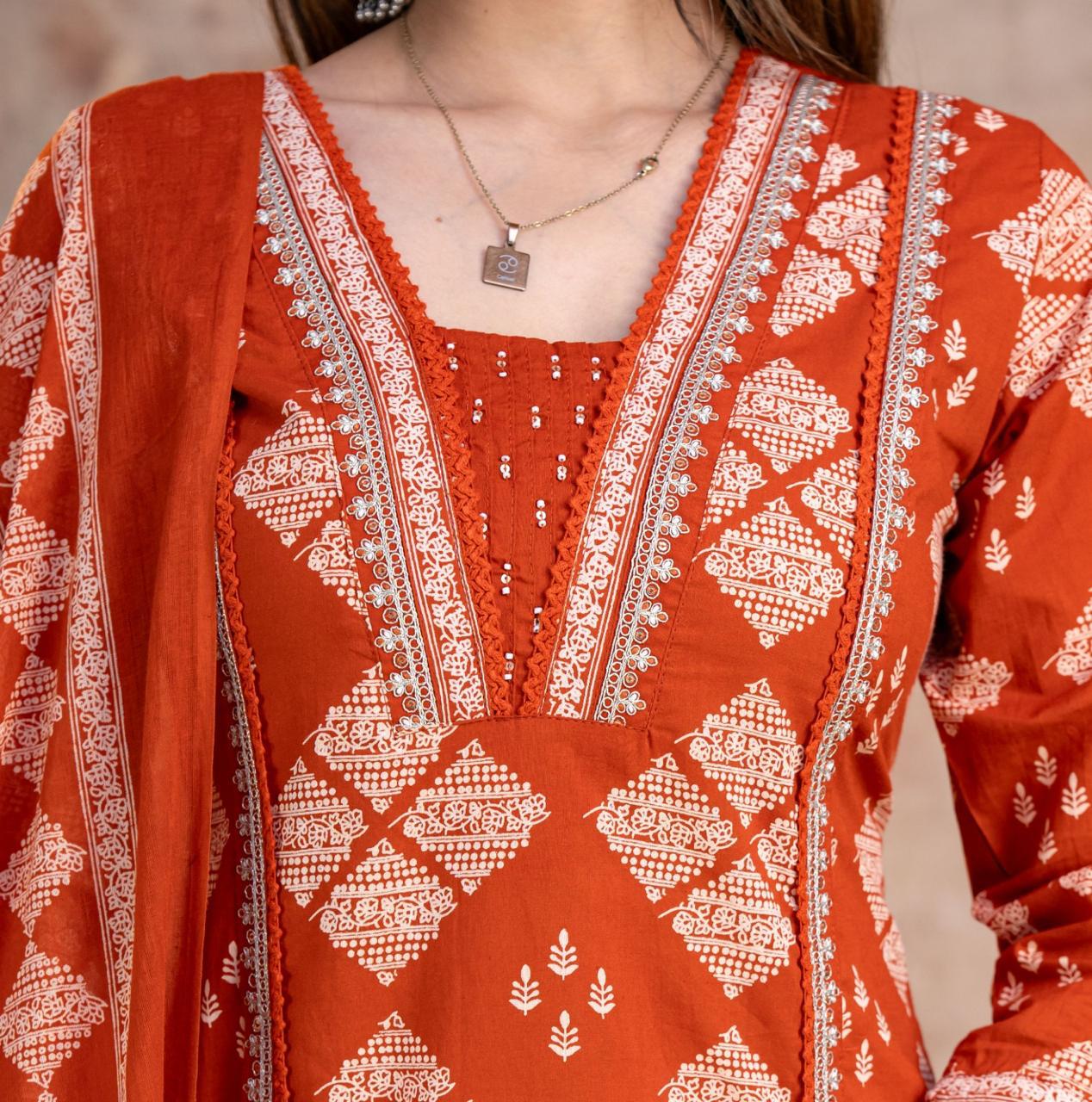 Bagrubazzar Summer Floral Cotton Kurti Pant & Dupatta Set with Embroidery Work (BBKF23)