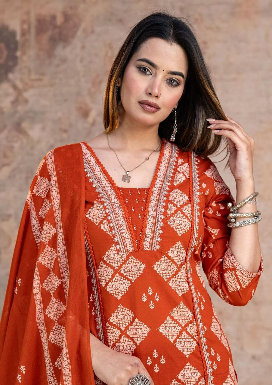 Bagrubazzar Summer Floral Cotton Kurti Pant & Dupatta Set with Embroidery Work (BBKF23)