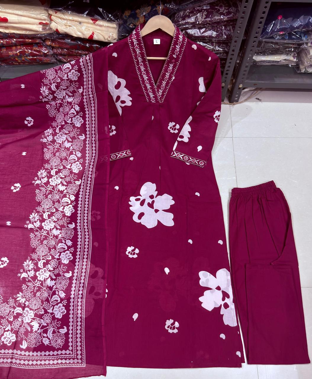 Bagrubazzar Elegant Printed Rust Cotton Straight Suit Set with Mulmul Dupatta (BBKF25)