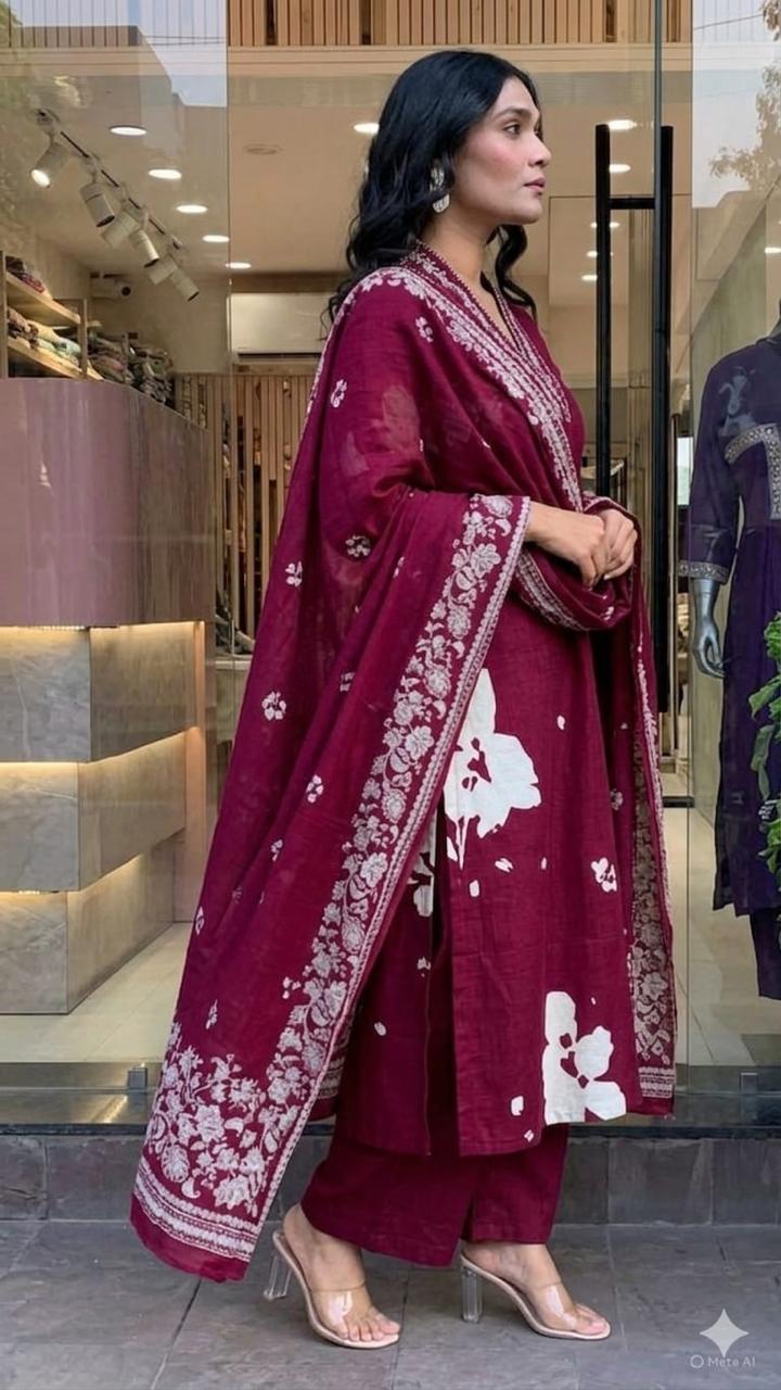 Bagrubazzar Elegant Printed Rust Cotton Straight Suit Set with Mulmul Dupatta (BBKF25)