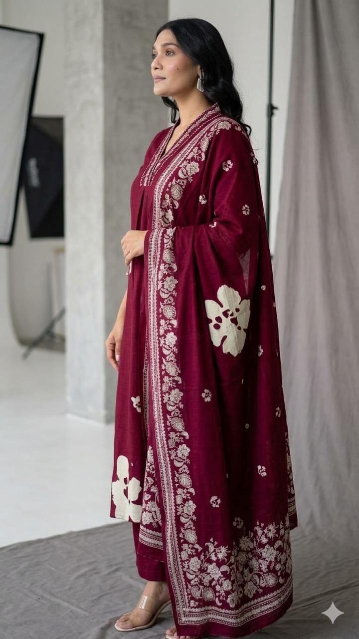 Bagrubazzar Elegant Printed Rust Cotton Straight Suit Set with Mulmul Dupatta (BBKF25)
