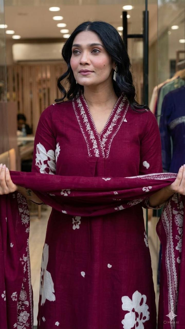 Bagrubazzar Elegant Printed Rust Cotton Straight Suit Set with Mulmul Dupatta (BBKF25)