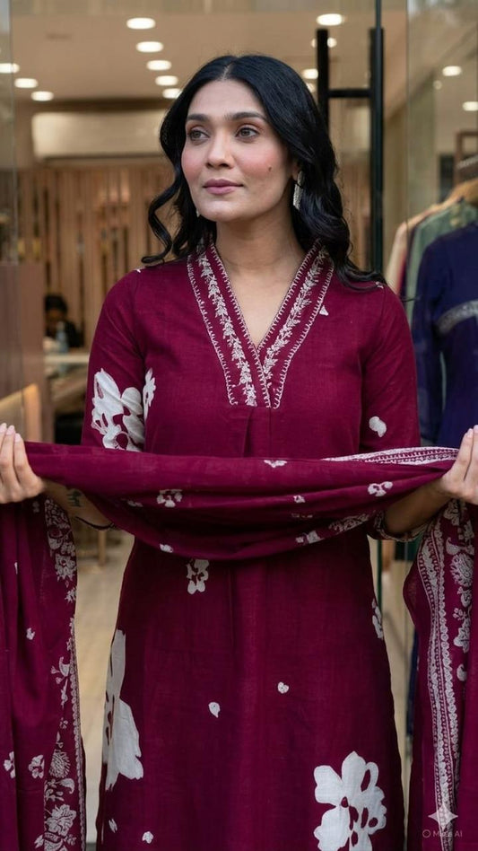 Bagrubazzar Elegant Printed Rust Cotton Straight Suit Set with Mulmul Dupatta (BBKF25)