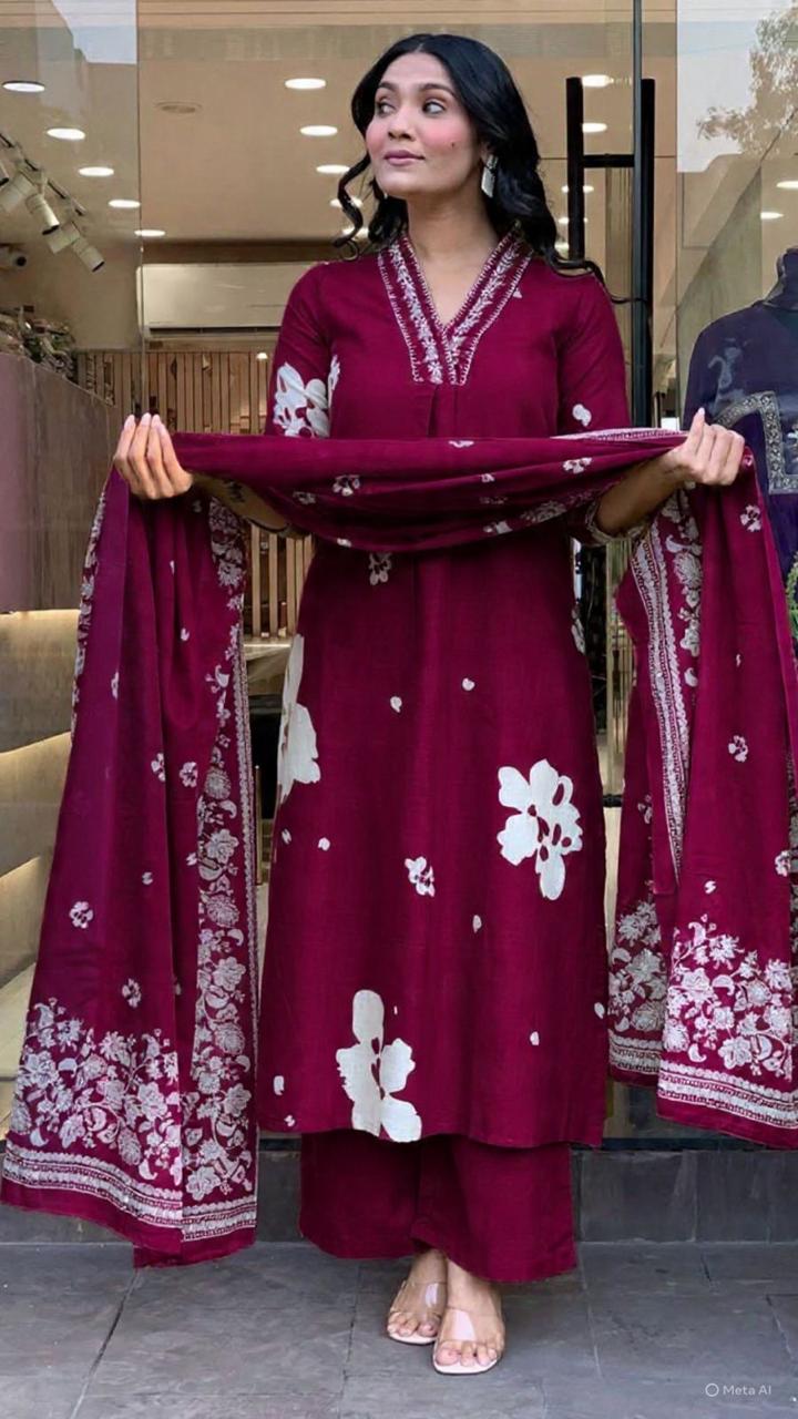 Bagrubazzar Elegant Printed Rust Cotton Straight Suit Set with Mulmul Dupatta (BBKF25)