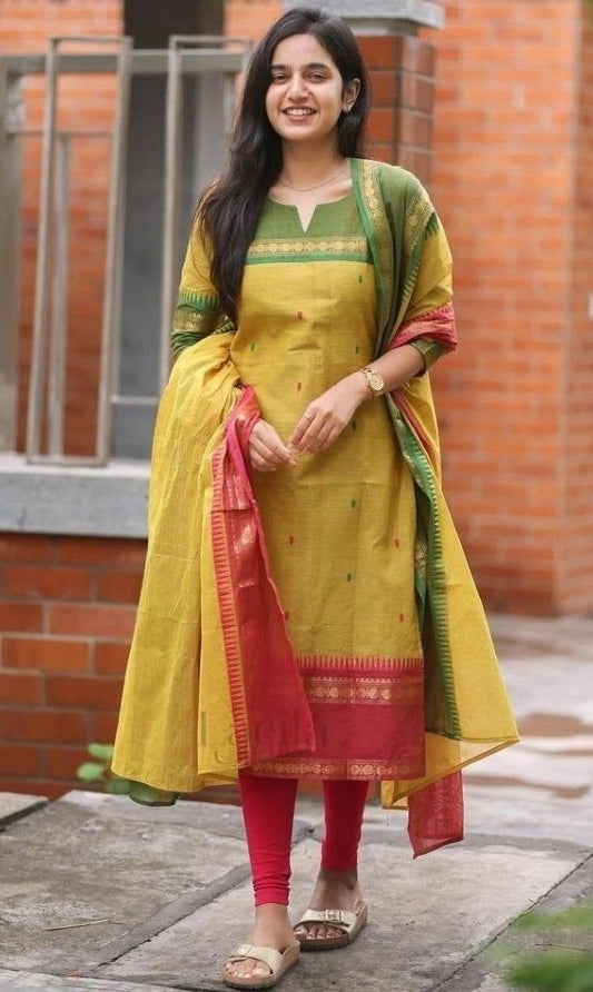 Bagrubazzar Varanika/Kasturi Premium Kanchi Cotton Suit Set – Elegant Yellow Ethnic Wear for Women (BBKF32)