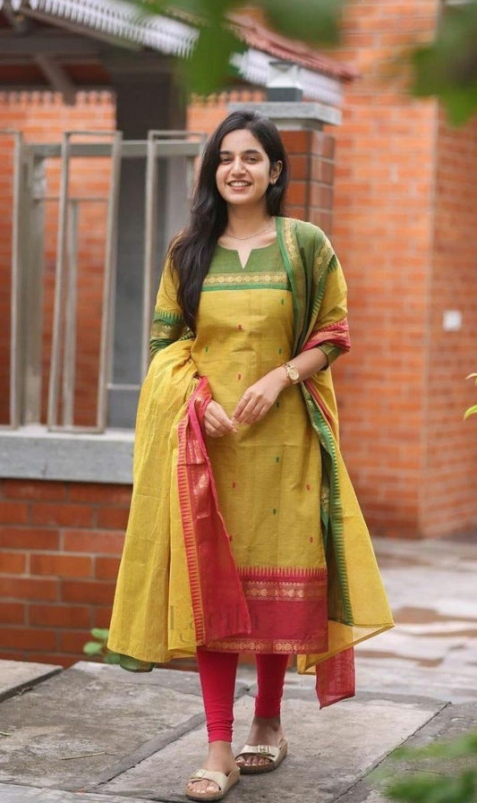Bagrubazzar Varanika/Kasturi Premium Kanchi Cotton Suit Set – Elegant Yellow Ethnic Wear for Women (BBKF32)