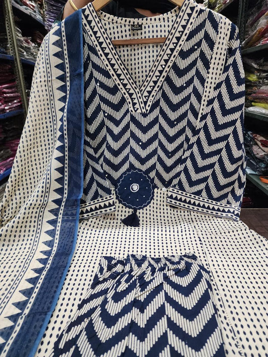 Bagrubazzar Bagru Print Cotton Kurta Pant Dupatta Set with Embroidery & Codi Beads Work (BBKF33)