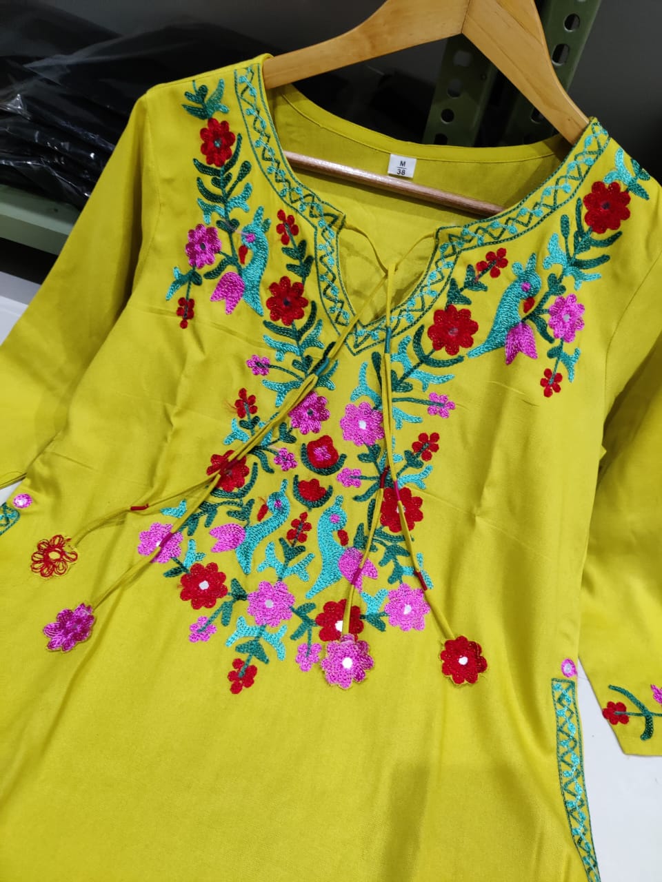 Bagrubazzar Festive Lemon Green Aari Work Kurta Palazzo Set with Bright Thread Embroidery