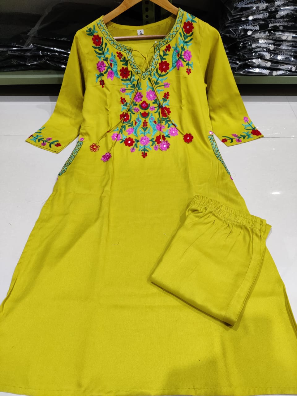 Bagrubazzar Festive Lemon Green Aari Work Kurta Palazzo Set with Bright Thread Embroidery
