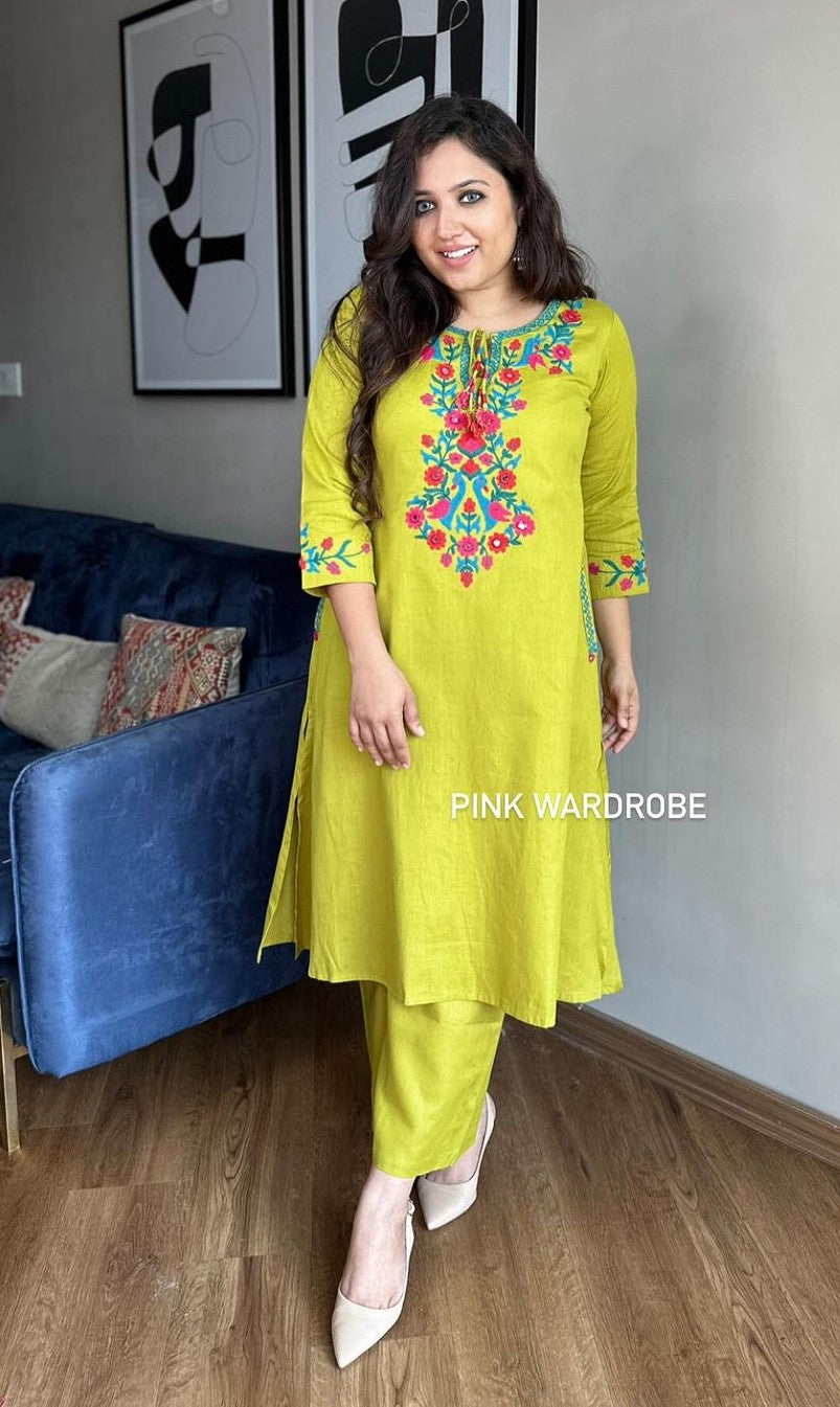 Bagrubazzar Festive Lemon Green Aari Work Kurta Palazzo Set with Bright Thread Embroidery