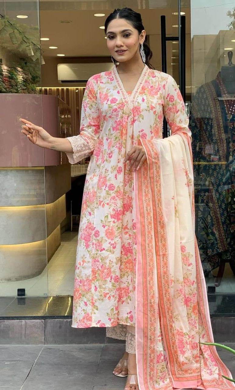 Bagrubazzar Cotton Mughal Butta Print Anarkali Kurti Pant Set with Printed Mul Cotton Dupatta for Women