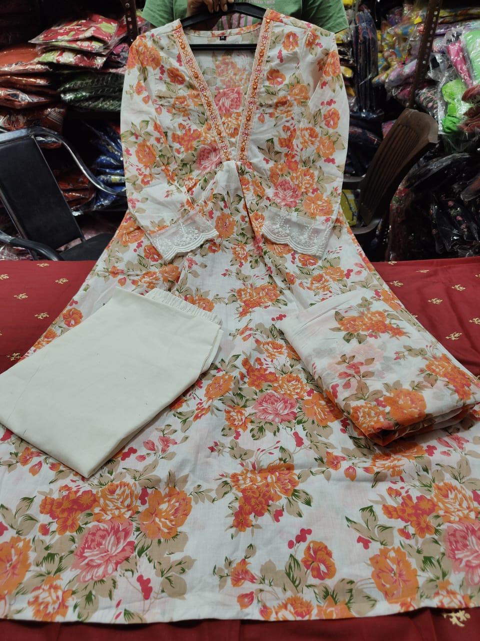Bagrubazzar Cotton Mughal Butta Print Anarkali Kurti Pant Set with Printed Mul Cotton Dupatta for Women