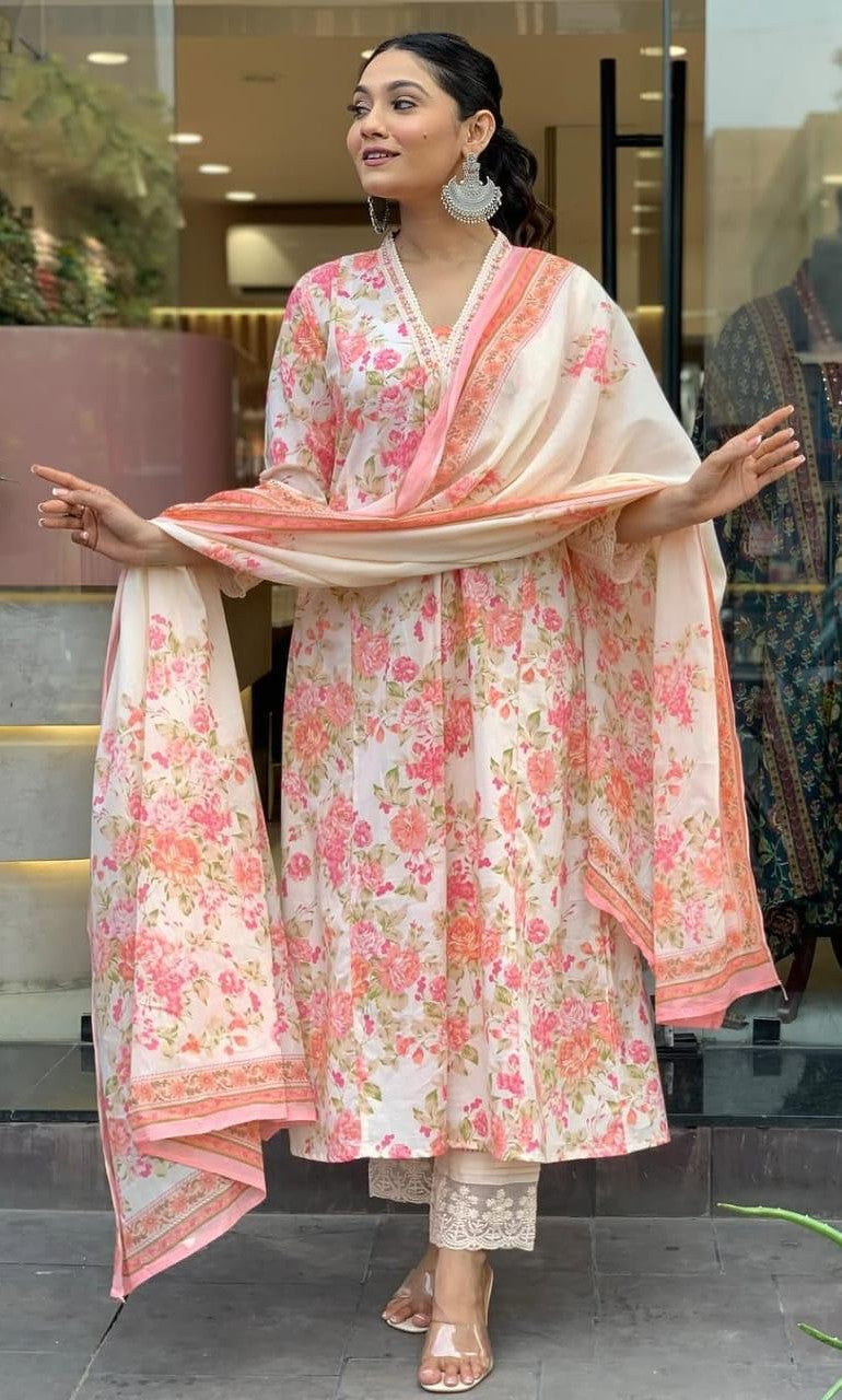 Bagrubazzar Cotton Mughal Butta Print Anarkali Kurti Pant Set with Printed Mul Cotton Dupatta for Women