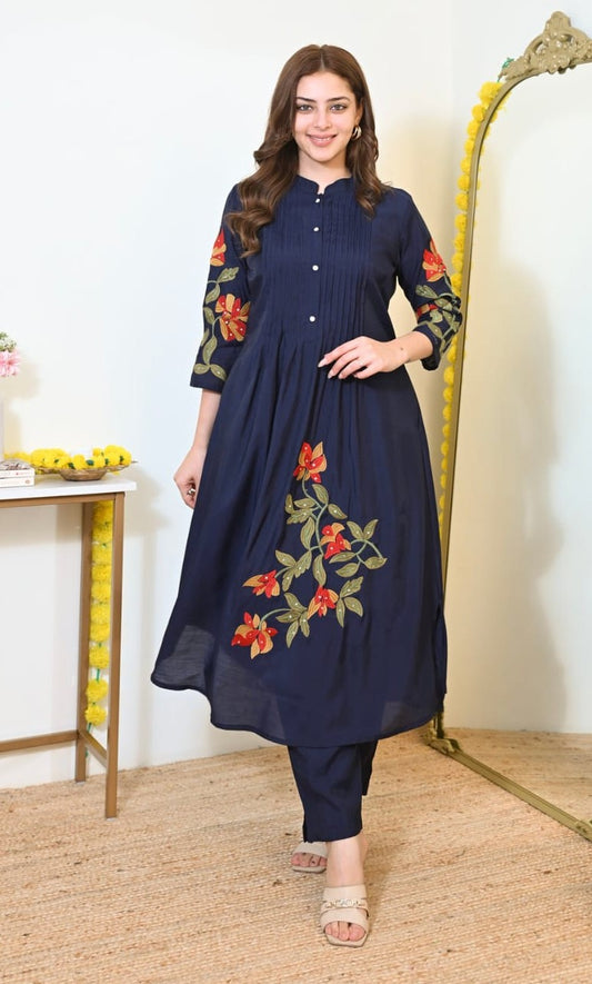 Bagrubazzar Premium Women's Cotton Pintuck Embroidered Kurti Pant Set