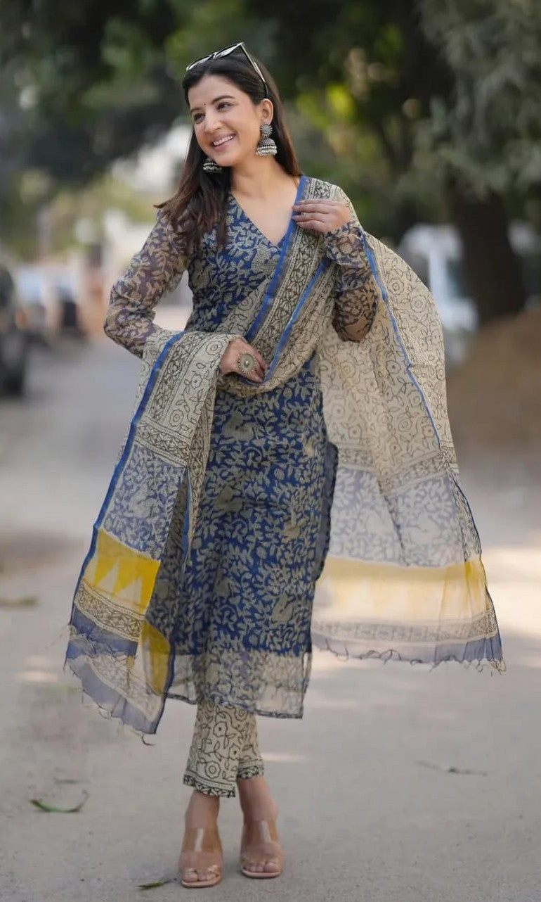 Bagrubazzar Women's Premium Kota Doria Suit Set with Kota Doria Dupatta & Cotton Pants