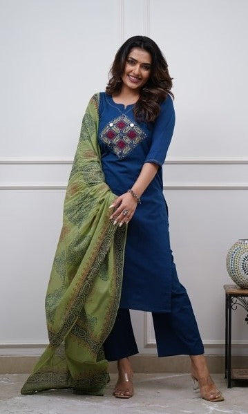 Bagrubazzar Premium Women's Cotton Embroidered Kurta Pant Set with Dupatta